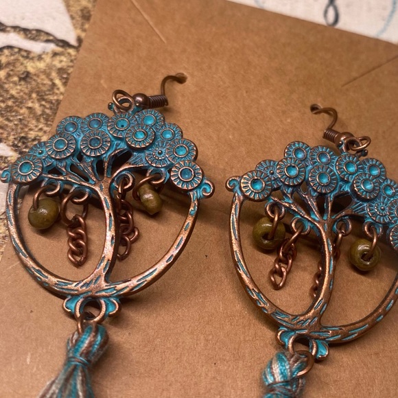 Tree of Life Dangling Tassel Earrings Costume Jewelry Copper Blue Patina - Picture 7 of 7